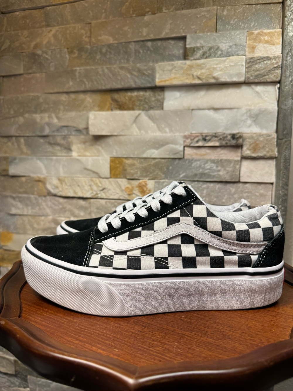 Men 5 W 6.5 Vans Old Skool Black White Checkered Platform Suede Skate Shoes EUC